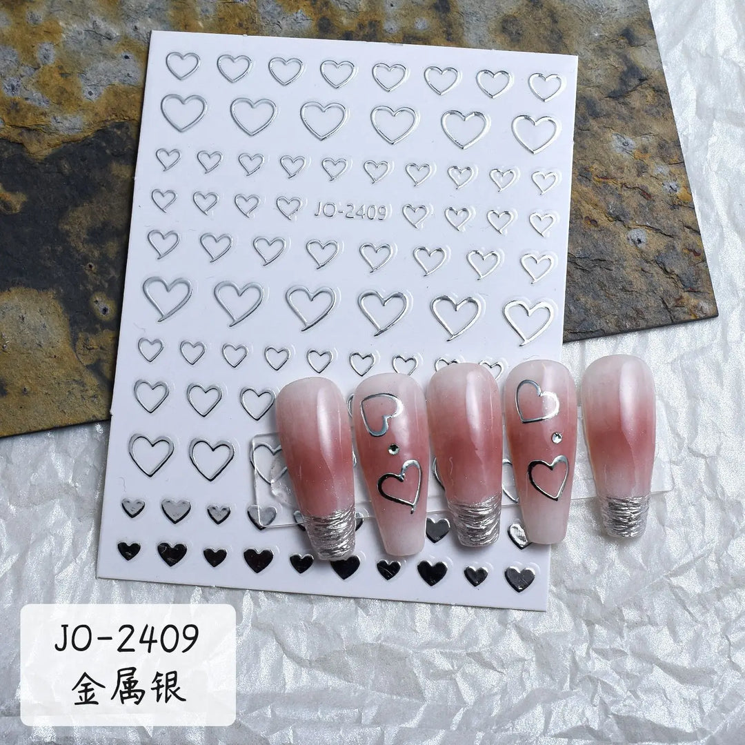 6pcs/set Metallic Silver Star/Moon/Heart Nail Sticker Y2K 3D Metal Mirror Effect Nail Decal 8*10cm Self-Adhesive Nail Decoration