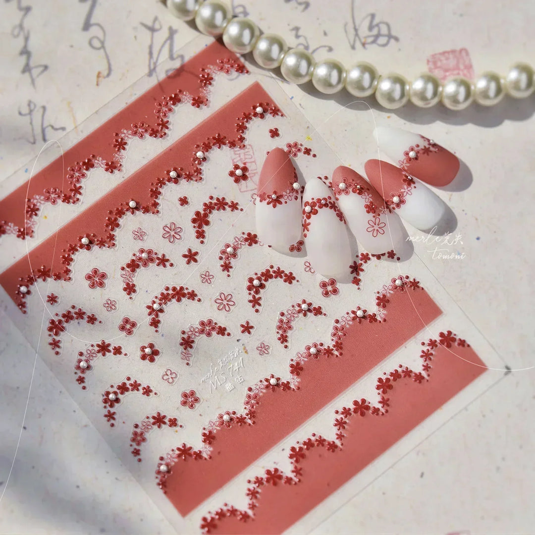 Lace Garden Bowknot Bow Tie Rose Flower Petal Pearl Irregular Border Self Adhesive 5D Nail Art Decoration Sticker Manicure Decal