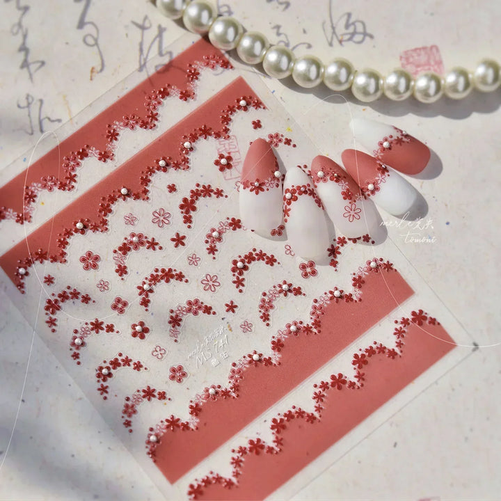 Lace Garden Bowknot Bow Tie Rose Flower Petal Pearl Irregular Border Self Adhesive 5D Nail Art Decoration Sticker Manicure Decal