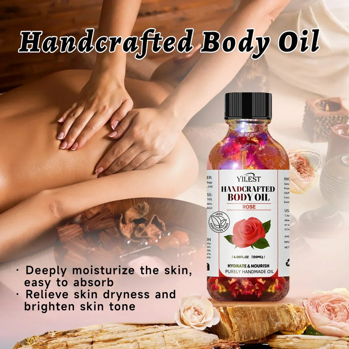 Handcrafted Rose Body Oil - 120ml Natural Blend for Dry Skin, with Jojoba & Sweet Almond Oil for Deep Hydration & Glowing Skin