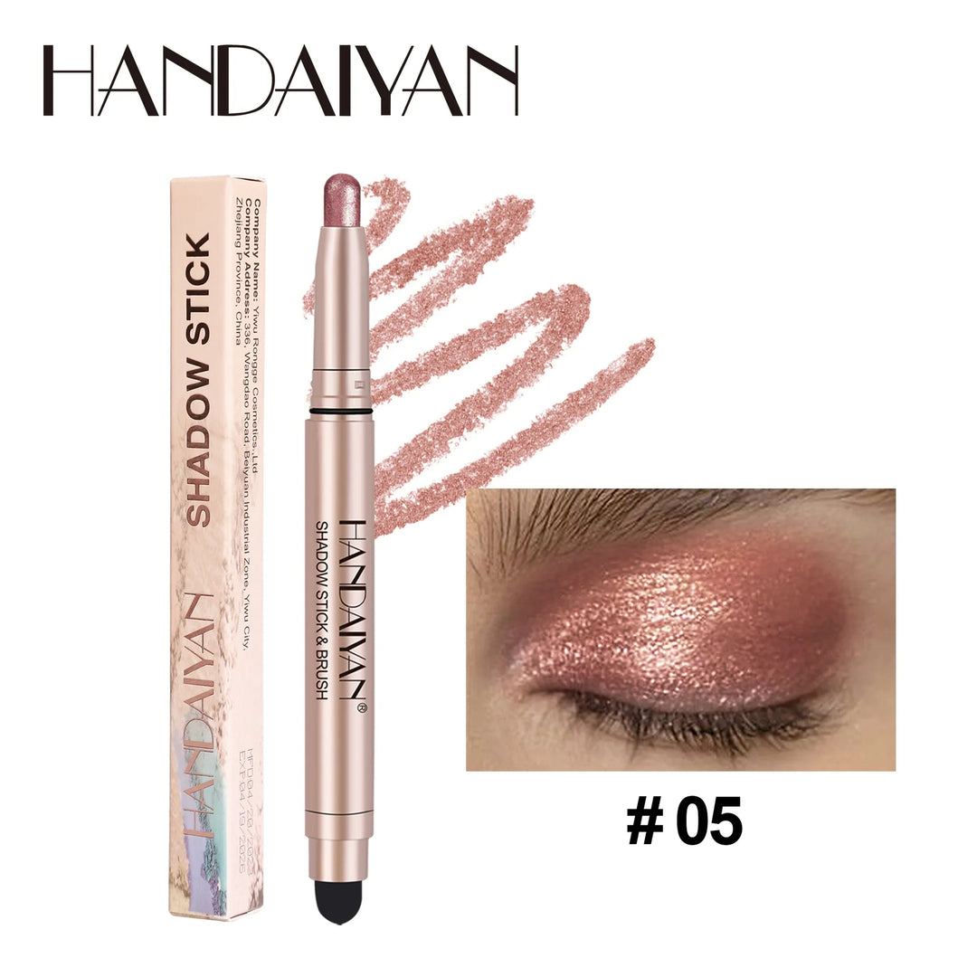 12 Colors Waterproof Eyeshadow Stick Long Lasting Metallic Shimmer Highlighter Cream Pen with Brush Double Head