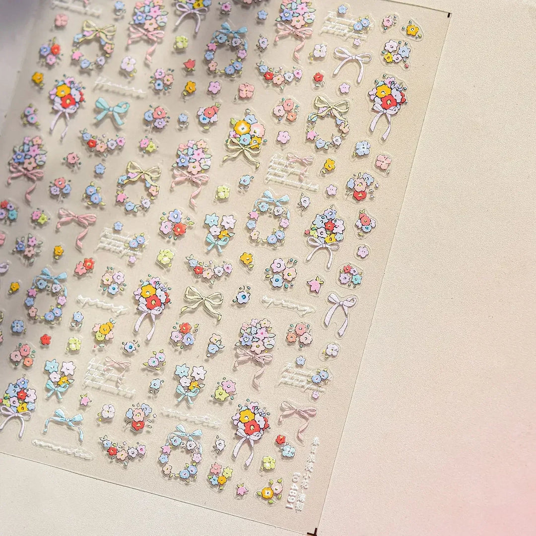 Lace Garden Bowknot Bow Tie Rose Flower Petal Pearl Irregular Border Self Adhesive 5D Nail Art Decoration Sticker Manicure Decal