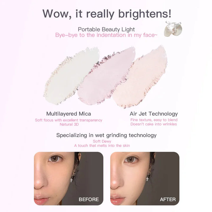 FLORTTE Single Highlighter Powder, Natural Transparent Watery Glow, Brightens Skin Tone & Creates 3D Makeup