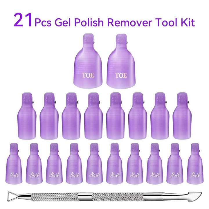 Makartt Gel Nail Polish Remover Clips Kit,With Double Ended Metal Cuticle Pusher,20 pcs Plastic Resuable Finger and Toe