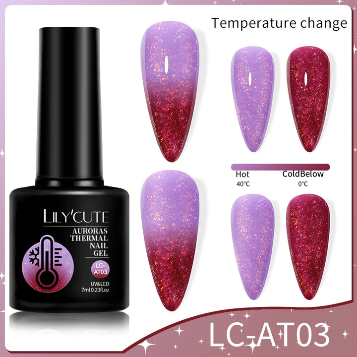 LILYCUTE 7ML Auroras Thermal Gel Nail Polish Nude Dark Purple Glitter Gradient Temperature Color Changing Nail Art Gel Varnishes