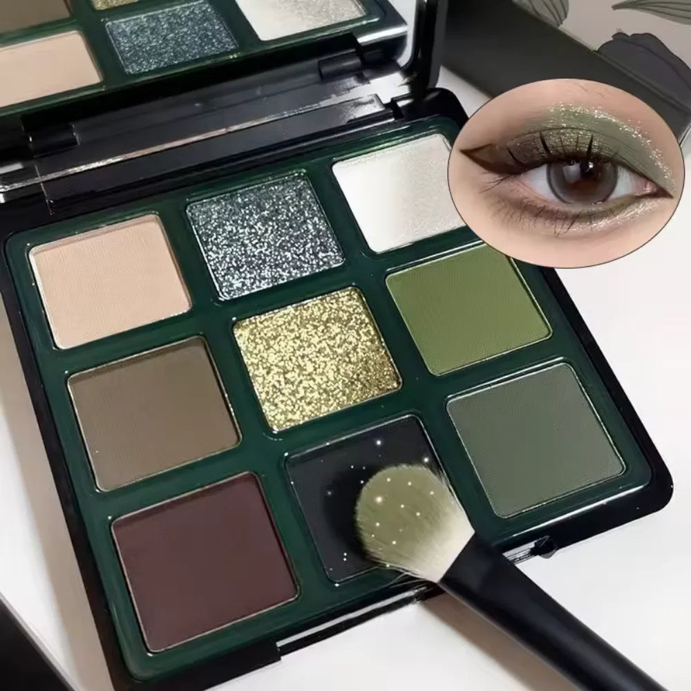 9 Color Eyeshadow Palette Olive Green Eye Look Pearlscent Shimmer Matte Eyeshadow Pink Palette Flash Cosmetics