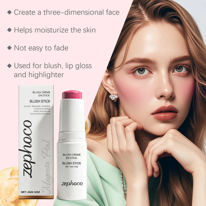Portable Cream Blush Stick Soft Mist Finish Hydrating Long-Wear Blendable Smooth Lightweight On-the-Go Cheek Blush