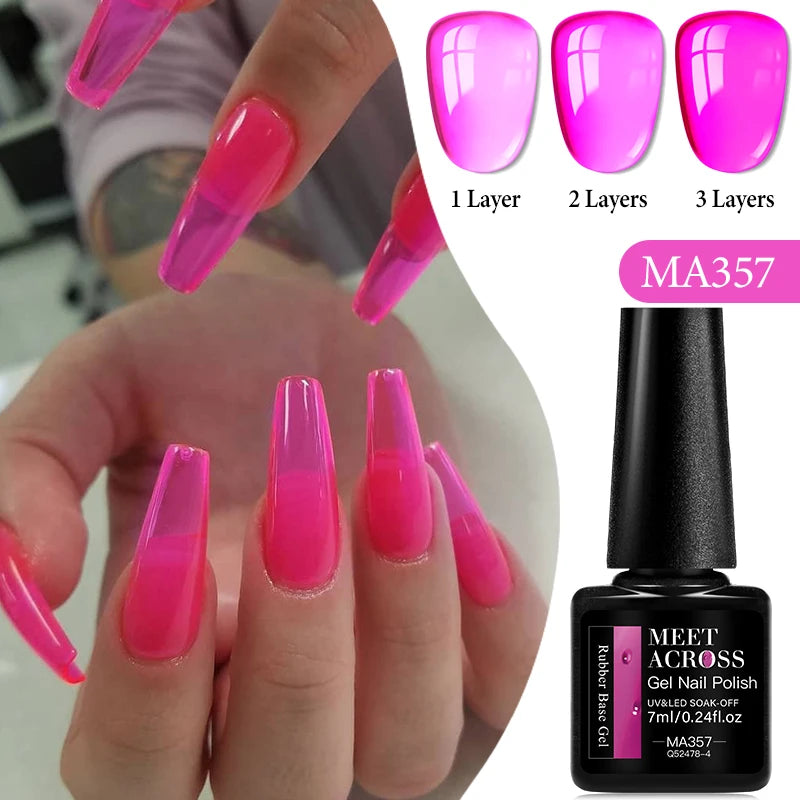 MEET ACROSS 7ml Jelly Nude Shimmer Rubber Base Gel Glitter Pink Purple UV/LED Nail Art Vernis Gel Polish for Manicure Nails DIY