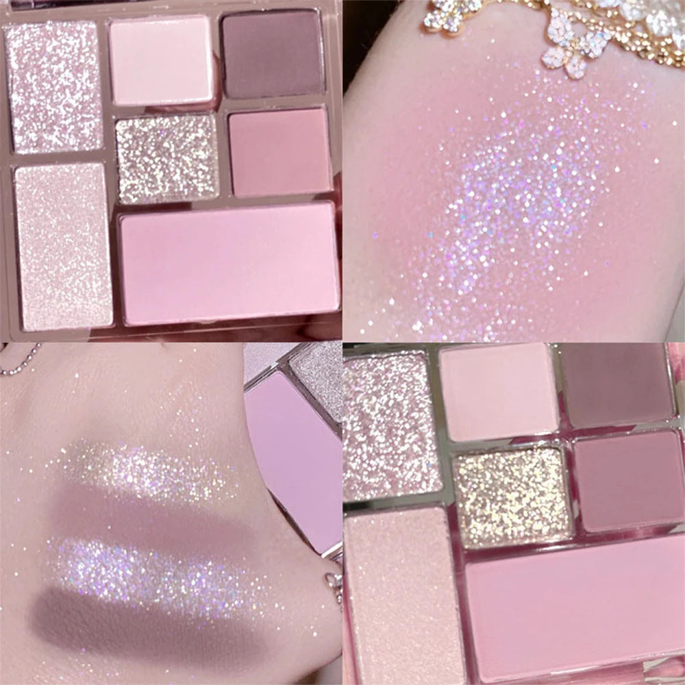 Seven-color eyeshadow palette in earth tones with shimmer, glitter, matte, and pearl finishes, waterproof, and playful