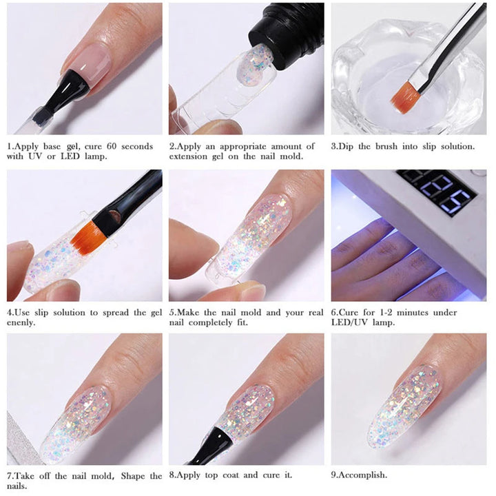 LILYCUTE 7Pcs/Set 15ml Clear Quick Extension Nail Gel with Slip Solution Nail Pusher Nail Clip Brush File Extension Gel Tools