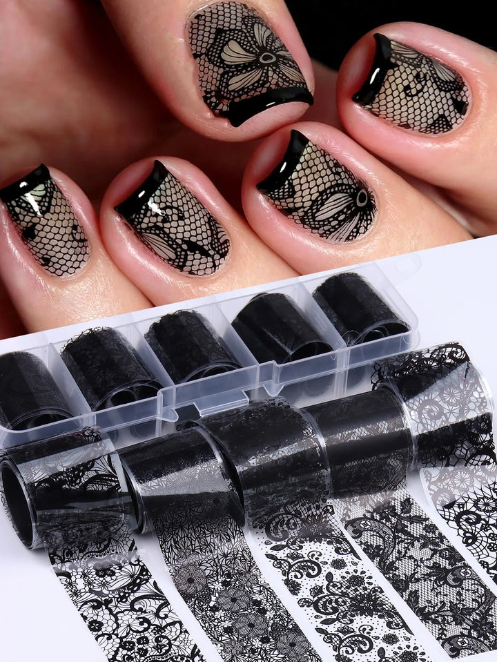 10 Sheets Lace Nail Foil White & Black Nail Stickers Design Transfer Foils Starry Sky Paper Nail Art Foil Decals for Nails Salon