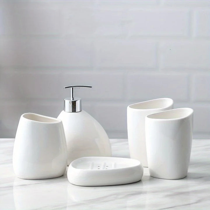 4/5 Pcs Modern Ceramic Bathroom Accessory Set with Pump Dispenser Tumbler Toothbrush Holder and Soap Dish Bathroom Supplies