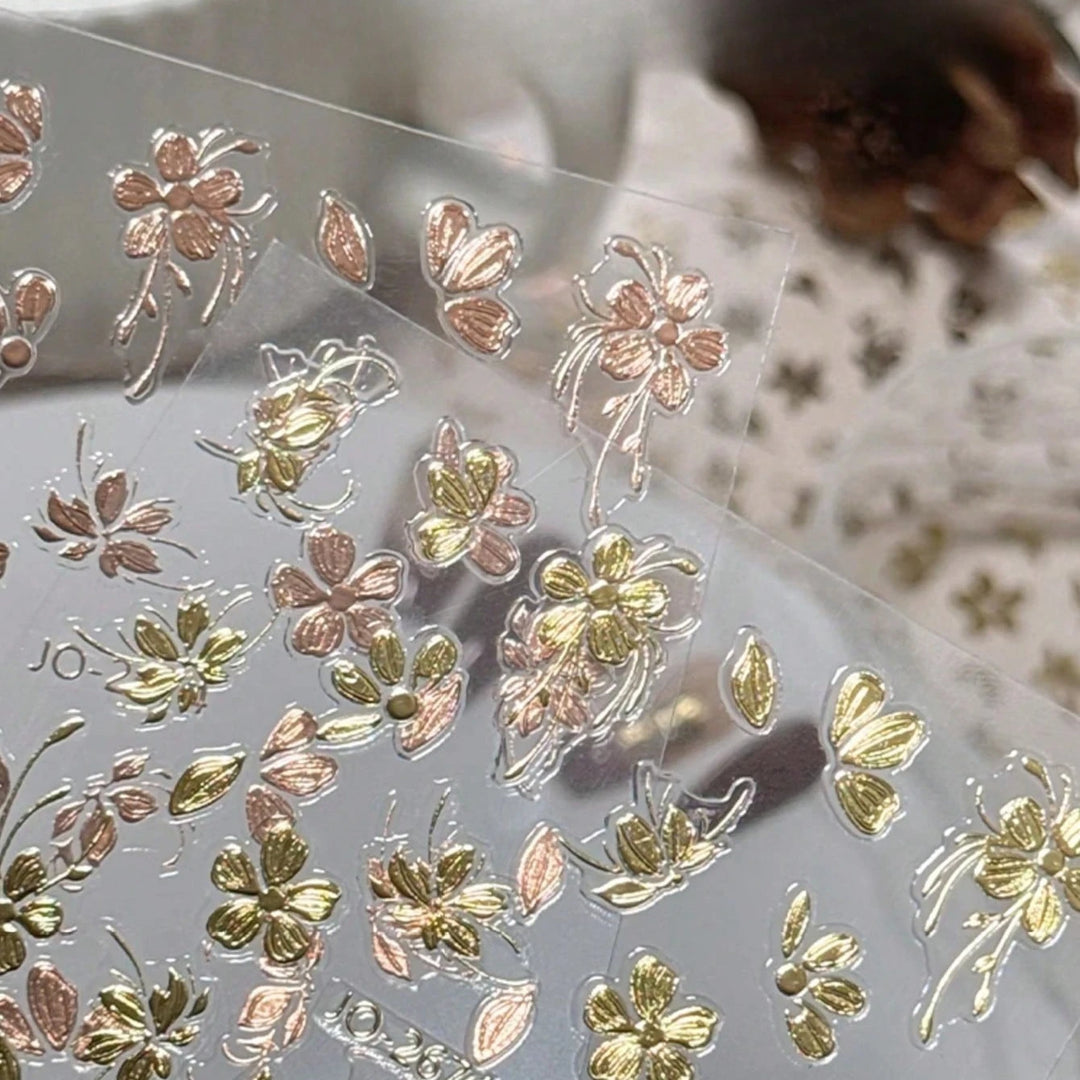 Vintage Golden Foil Nail Art Stickers - Embossed Peony Flower & Jade Leaf Design, Self-Adhesive, Single Use