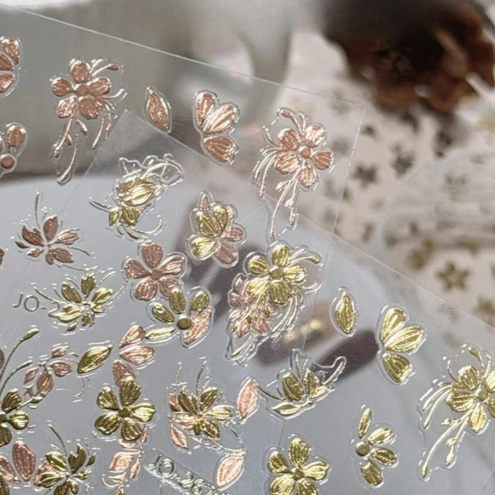 Vintage Golden Foil Nail Art Stickers - Embossed Peony Flower & Jade Leaf Design, Self-Adhesive, Single Use