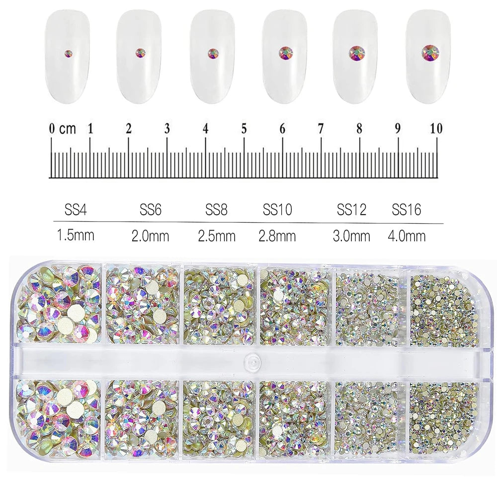 1.5mm-5mm Champagne Glass Crystal Nail Art Gems 12grids Flatback SS4-SS16 Mixed Nail Art Rhinestone Non-Hotfix Diamond Nail Deco