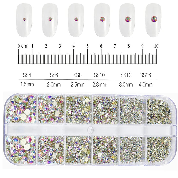 1.5mm-5mm Champagne Glass Crystal Nail Art Gems 12grids Flatback SS4-SS16 Mixed Nail Art Rhinestone Non-Hotfix Diamond Nail Deco
