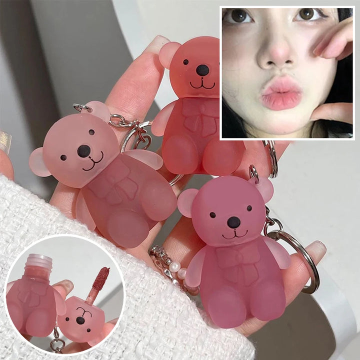Cute Bear Keychain Velvet Mist Lip Glaze Waterproof Lasting Matte Lipstick Orange Lips Tint Women Dupes Korean Makeup Cosmetic