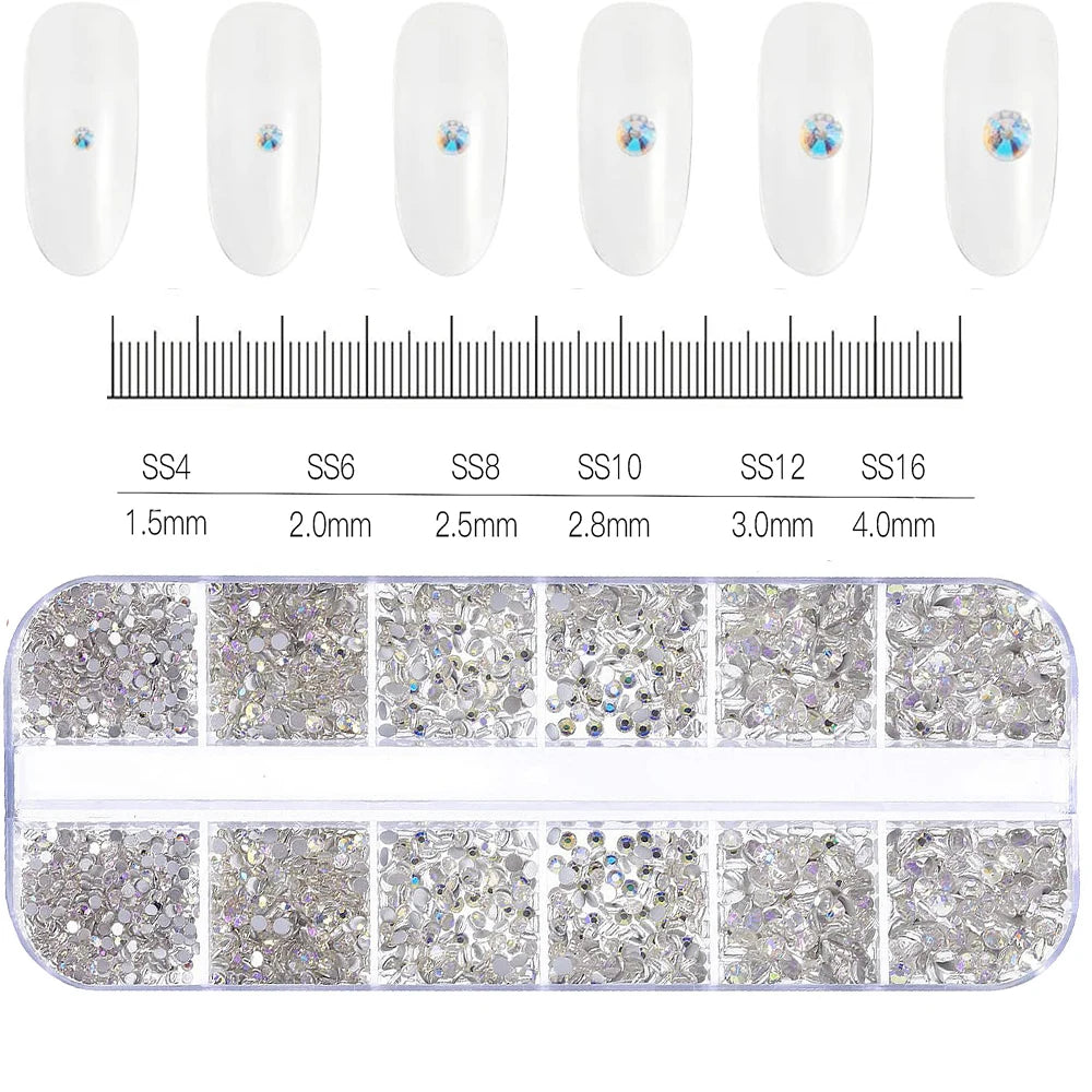 1.5mm-5mm Champagne Glass Crystal Nail Art Gems 12grids Flatback SS4-SS16 Mixed Nail Art Rhinestone Non-Hotfix Diamond Nail Deco