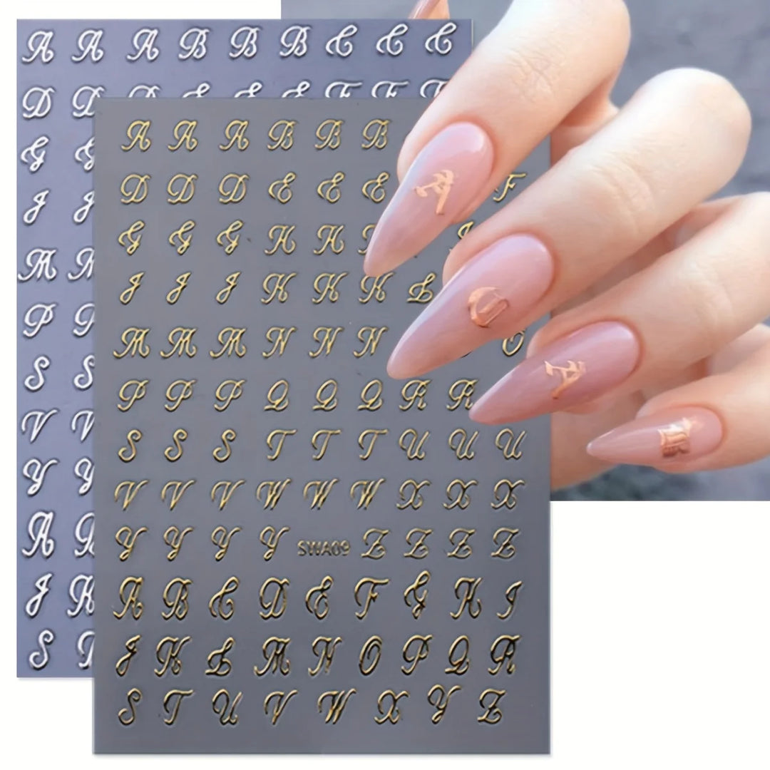 Retro English Letters Nail Stickers 4/8 Sheets 3D Self-Adhesive Nail Art Design Black White Gold Silver Nail Decals