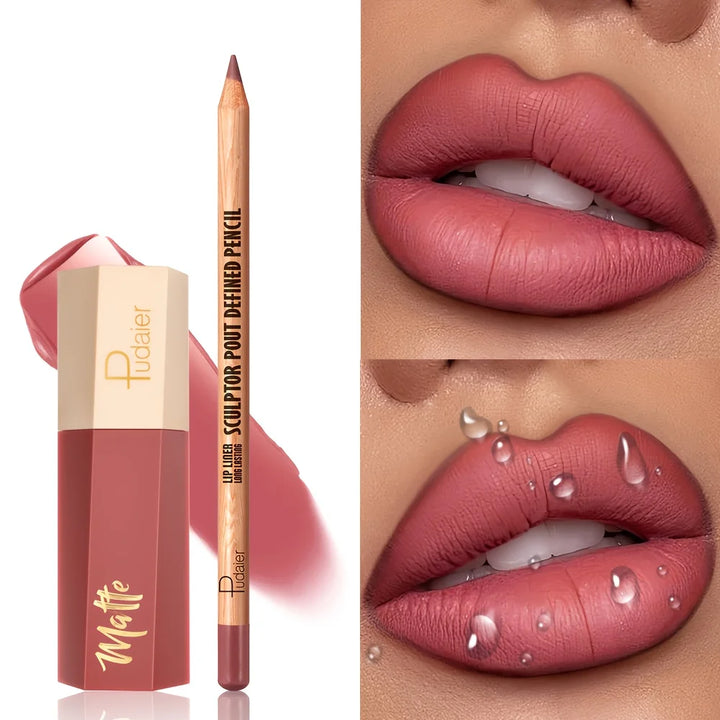 1set Matte lip gloss and lip liner pen set, long-lasting, waterproof, not easy to smudge, velvet texture