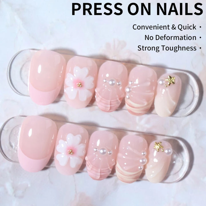 24pcs Short Oval 3D Gel Nail Stickers, Create Pearl Flower Nail Art, French Acrylic Press-On Nails, Short Size Perfectly Fit Fal