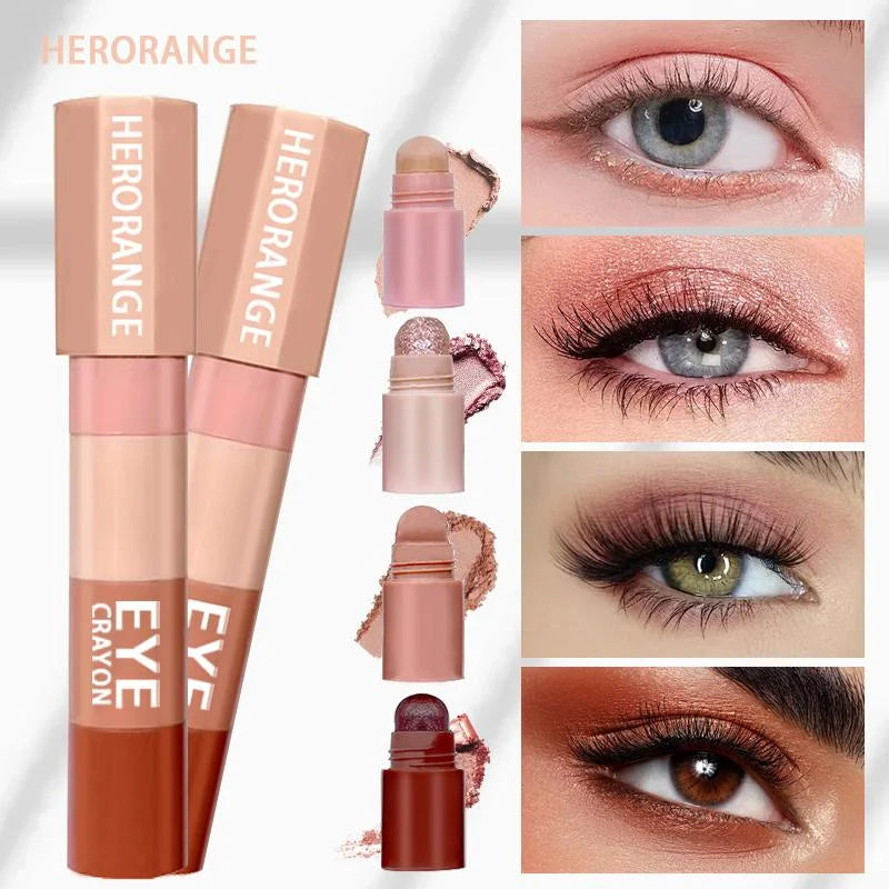 Herorange 4-Color Eyeshadow Stick, Nude Tones, Fine Shimmer, One-Swipe Aegyosal Highlighter, Easy Lazy Makeup