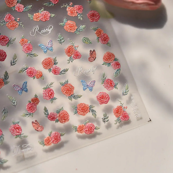 Lace Garden Bowknot Bow Tie Rose Flower Petal Pearl Irregular Border Self Adhesive 5D Nail Art Decoration Sticker Manicure Decal