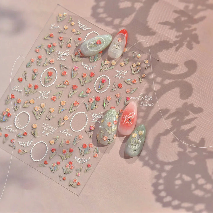 Lace Garden Bowknot Bow Tie Rose Flower Petal Pearl Irregular Border Self Adhesive 5D Nail Art Decoration Sticker Manicure Decal