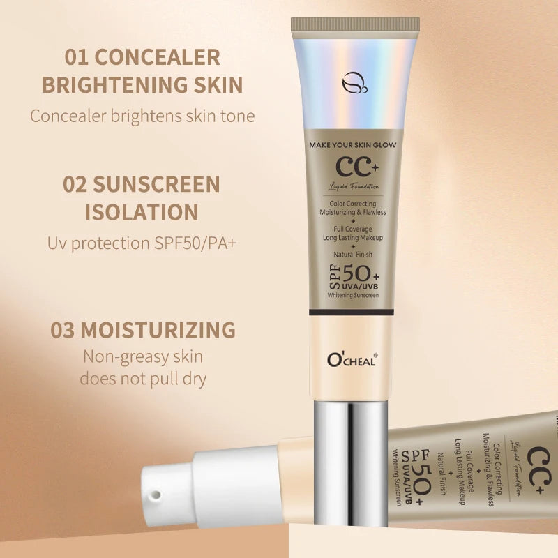 Ocheal 30g CC Cream Foundation Waterproff Concealer Moisturizing Sunscreen Liquid SPF 50+ Long Lasting Brightening Makeup Primer