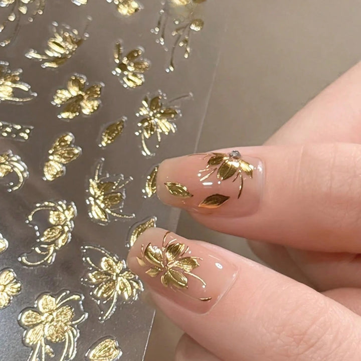 Vintage Golden Foil Nail Art Stickers - Embossed Peony Flower & Jade Leaf Design, Self-Adhesive, Single Use
