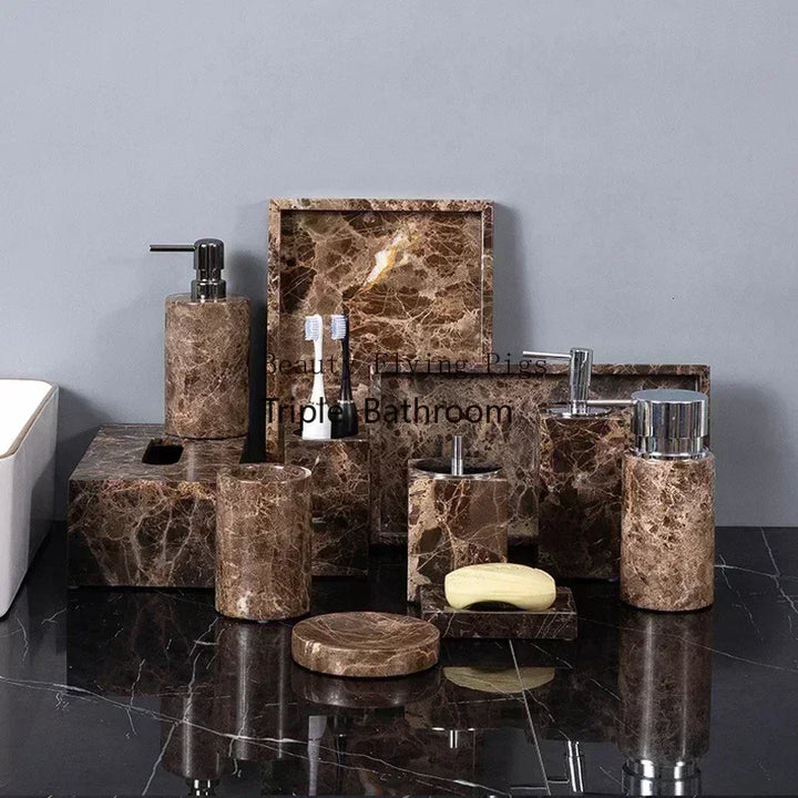 Emperador Dark Natural Marble Bathroom Set Brown Luxury Toothbrush Holder Soap Dish Soap Dispenser Bathroom Accessories