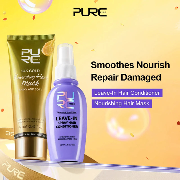 PURC 24K Gold Hair Mask & Leave-In Hair Conditioner Spray Set Keratin Treatment Repair Damaged Frizz Split Ends Hair Care