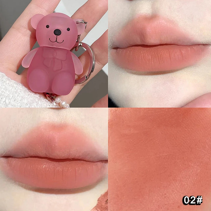 Cute Bear Keychain Velvet Mist Lip Glaze Waterproof Lasting Matte Lipstick Orange Lips Tint Women Dupes Korean Makeup Cosmetic