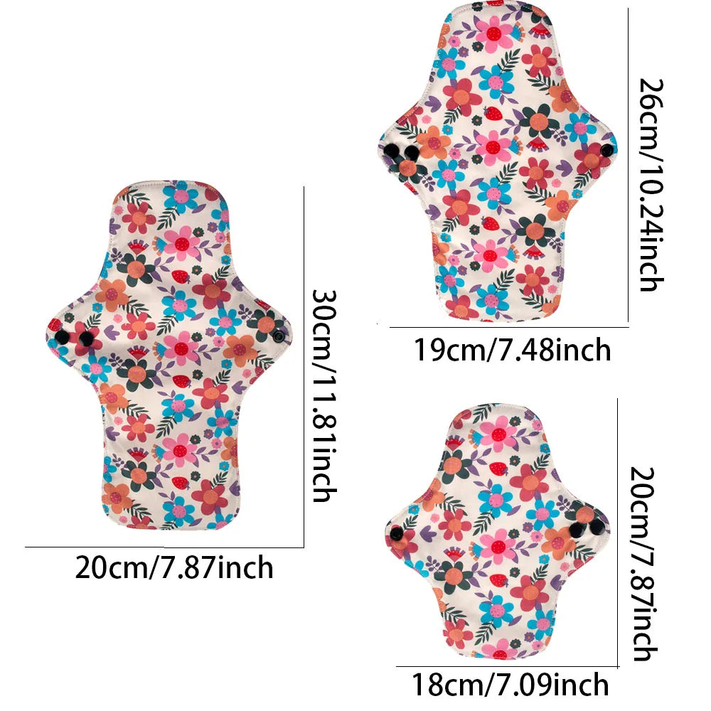 3PCS Washable Cotton Menstrual Pad Reusable Printed Maternal Sanitary Napkin Breathable Soft Care Pad 30cm 26cm 20cm to Choose