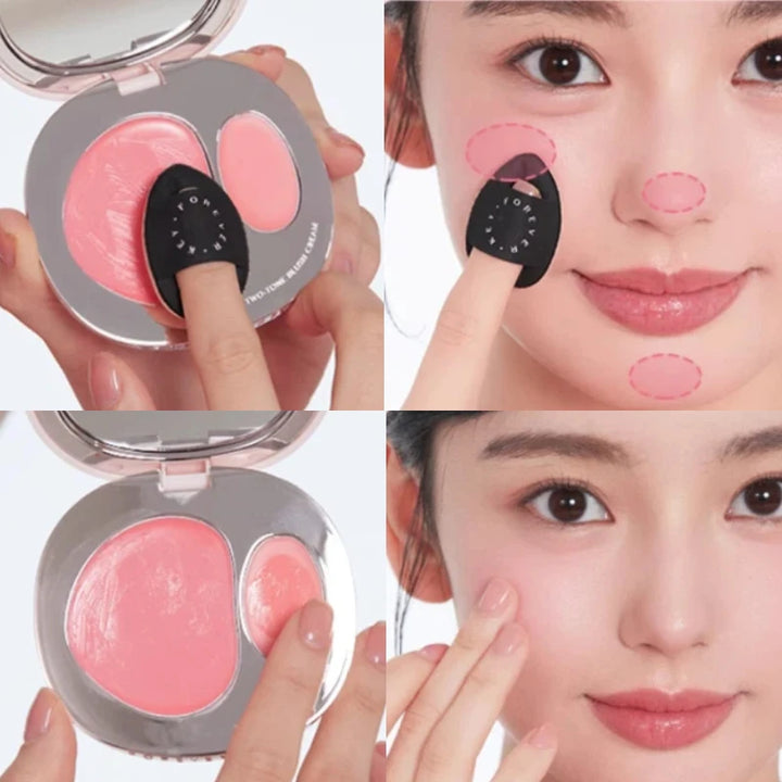 Foreverkey Double Color Blush Plate Water Light Blusher Highlight Cream Long Lasting Natural Brighten Peach Pink Rouge Makeup