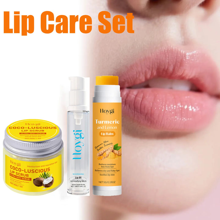 3-in-1 Lip Care Set Turmeric Nourishing Lip Balm Exfoliating Coconut Scrub & Hydrating Plumping Serum for Soft Smooth Lips