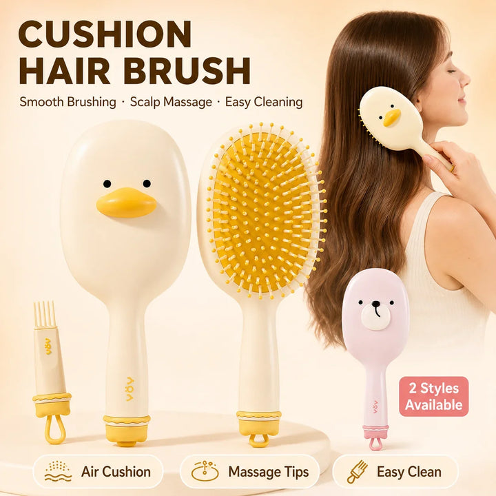 Cute Air Cushion Hair Brush with Built-in Cleaning Brush, Detangling Paddle Brush with Scalp Massage Tips for Women Long Hair
