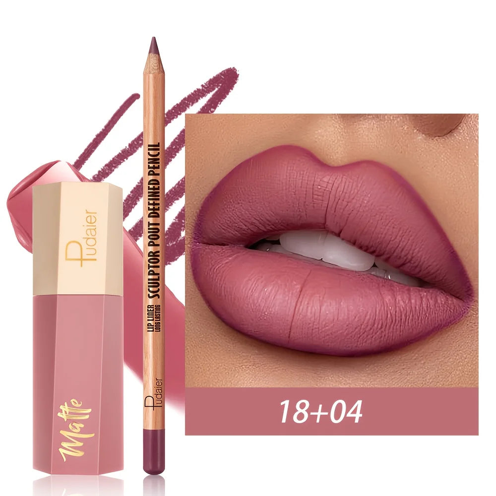 1set Matte lip gloss and lip liner pen set, long-lasting, waterproof, not easy to smudge, velvet texture
