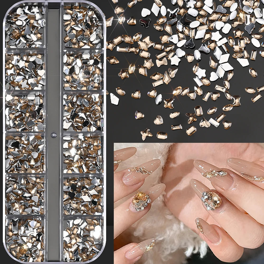 12Grids Ocean Gold Nail Art Charms Shell/Seahorse/Starfish White Half Round Pearl Gems 3D Mixed Punk Manicure Metal Rivets Studs