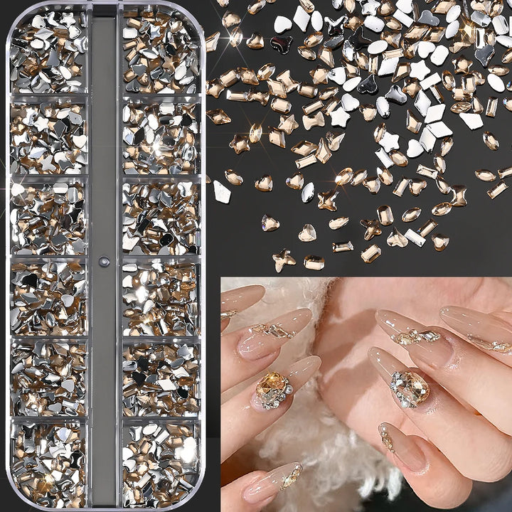 12Grids Ocean Gold Nail Art Charms Shell/Seahorse/Starfish White Half Round Pearl Gems 3D Mixed Punk Manicure Metal Rivets Studs