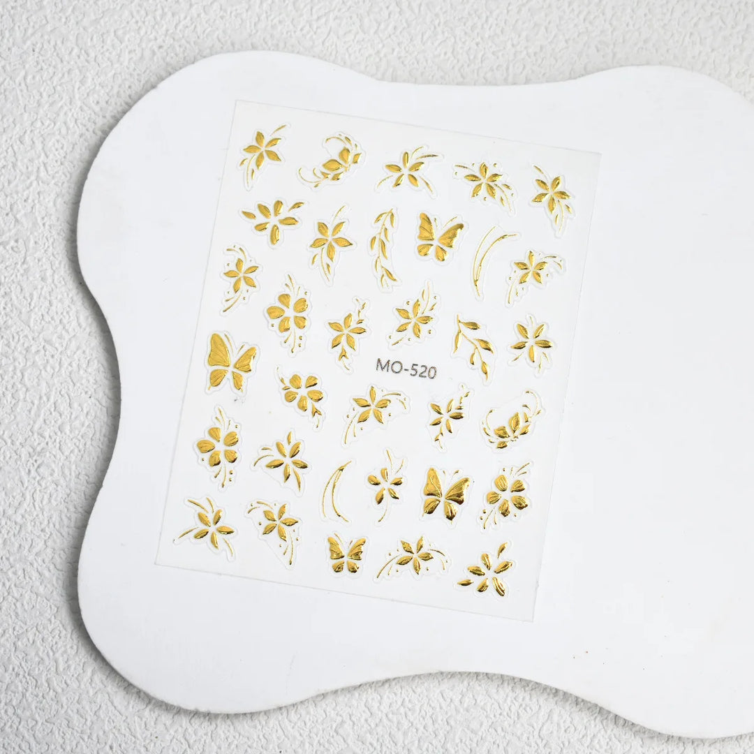 Vintage Golden Foil Nail Art Stickers - Embossed Peony Flower & Jade Leaf Design, Self-Adhesive, Single Use