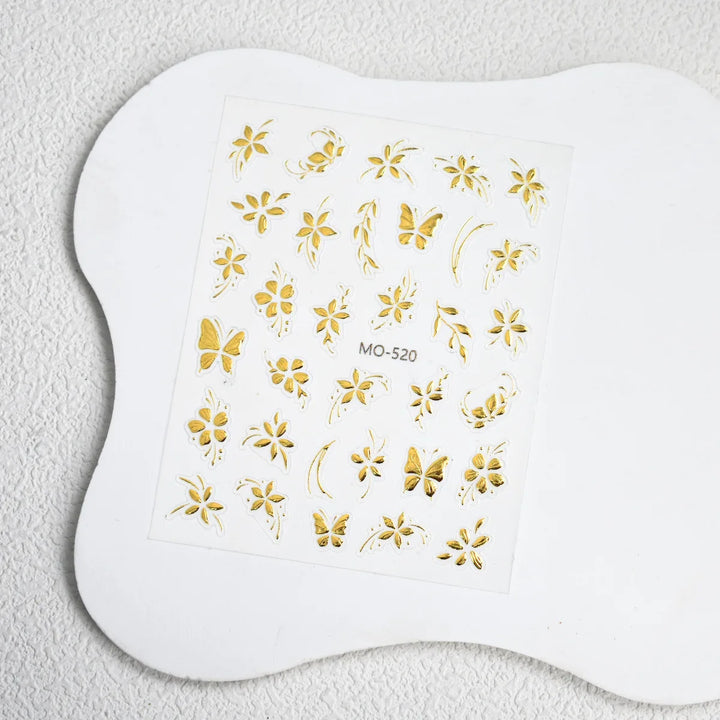 Vintage Golden Foil Nail Art Stickers - Embossed Peony Flower & Jade Leaf Design, Self-Adhesive, Single Use