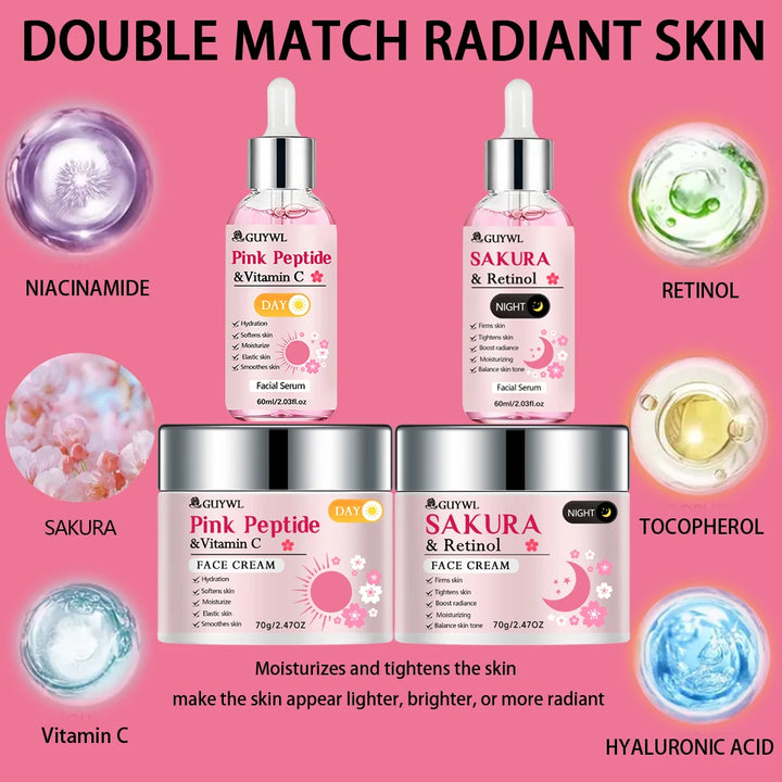 GUYWL Pink Peptide & Vitamin C Sakura & Retinol Facial Cream & Serum Set Day Night Care Combination with Niacinamide Hyaluronic