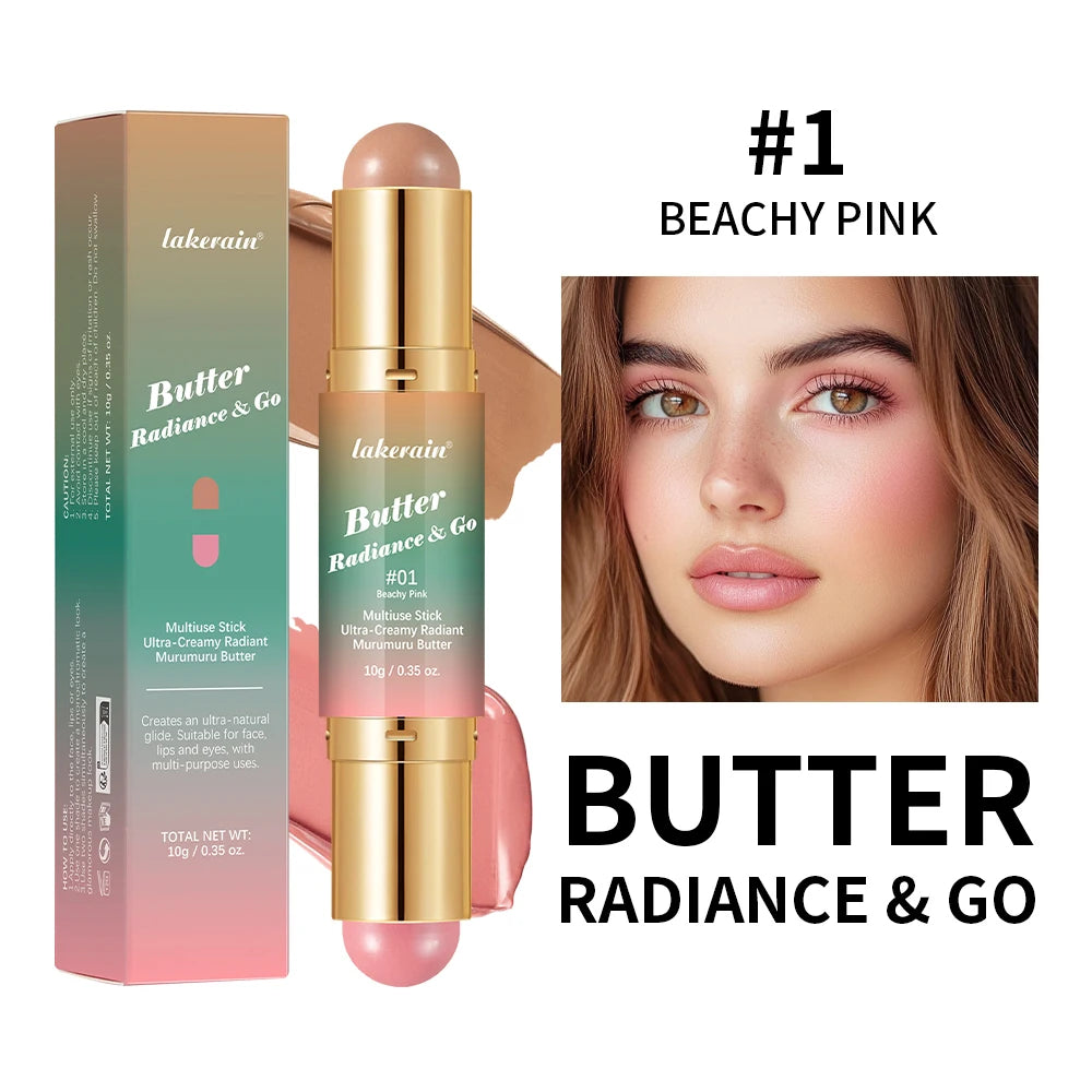 Double-Headed Bronzer Blush Stick Butter Glow & Go Multiuse Stick for Cheeks Contours Eyes Lips Blush Matte Light Glossy Bronze