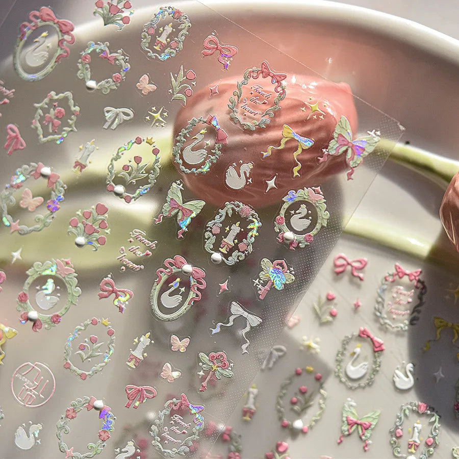 1PCS Crystal Diamond Nail Sticker Mix Pink Swan Flower Frame Butterfly Self Adhesive Nail Art Stickers DIY Cute Decoration Parts