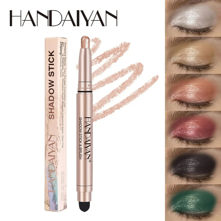 12 Colors Waterproof Eyeshadow Stick Long Lasting Metallic Shimmer Highlighter Cream Pen with Brush Double Head