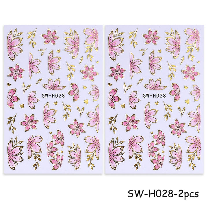 2/3pcs Golden Pink Hibiscus Flower Nail Stickers 3D Bronzing Border Petals Sakura Line Sliders Nail Decals DIY Manicure Decor