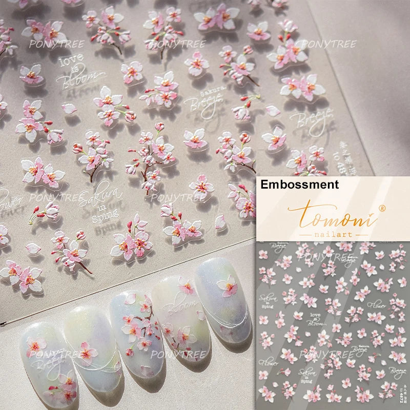 Flowers Blooming Cherry Blossom Sakura Living Peach Branch 5D Soft Relief Spring Adhesive Nail Art Sticker Chic Manicure Decals