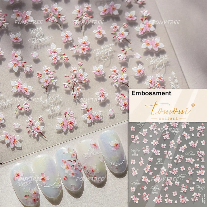 Flowers Blooming Cherry Blossom Sakura Living Peach Branch 5D Soft Relief Spring Adhesive Nail Art Sticker Chic Manicure Decals
