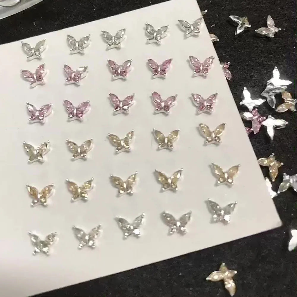 10pcs Mini 4*5mm Crystal Butterfly Nail Art Charms 3D Diamond Jewelry Parts Pink Clear Metal Manicure Decoation Rhinestones Gems